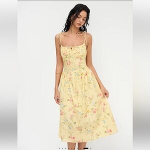 Cider Butter Yellow Floral Tie-Shoulder Basque Waist Sundress Linen Cottagecore